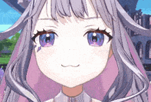 a close up of a cartoon girl with purple eyes