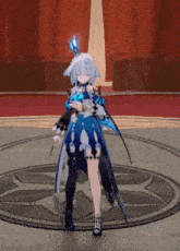 a girl in a blue dress is standing in a circle in a room .