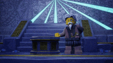 a lego figure stands in front of a statue