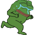 a pixel art of a green frog running with tears coming out of its eyes .