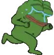 a pixel art of a green frog running with tears coming out of its eyes .