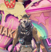 a cartoon character stands in front of a sign that says " shake "