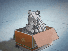 a drawing of a girl sitting in a cardboard box with the number 3000 on the bottom