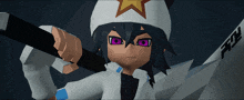 a cartoon character with purple eyes and a star on his hat is holding a sword