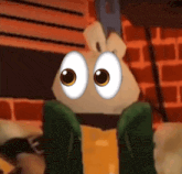 a close up of a cartoon character with big eyes and a brick wall in the background