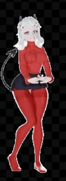 a cartoon character with horns and a tail is standing in front of a black background .