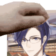 a person is touching a man 's head with their hand . the man is wearing glasses and has blue hair .