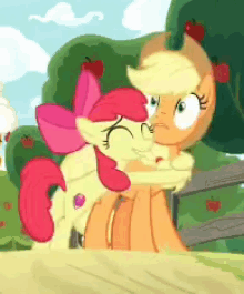 mlp apple bloom applejack happy hugging