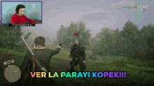 a video game screen shows a man pointing a gun at another man with the caption ver la parayi kopek