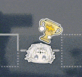 a cartoon character is holding a trophy on top of a person 's head .
