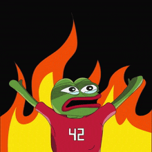 a cartoon frog wearing a red shirt that says 42