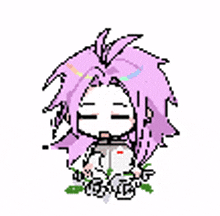 a pixel art drawing of a girl with purple hair holding a bouquet of roses .
