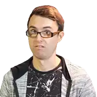 a man wearing glasses and a t-shirt with a cross on it is making a funny face