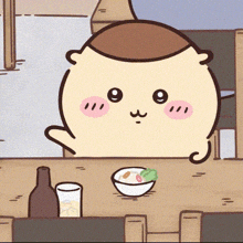 a cartoon character is sitting at a table with a bowl of food and a glass of water