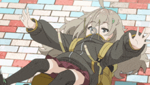 a cartoon girl with a backpack is laying on the ground