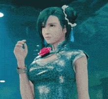 a woman with green hair is wearing a blue dress with a rose on her neck
