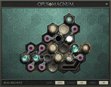 a screenshot of opus magnum shows a maze with a cost of 2050 cycles and area of 28
