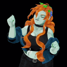 a drawing of a woman with orange hair and green face