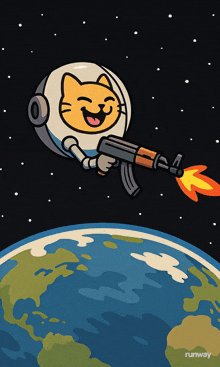 a cartoon of a cat holding a gun in space