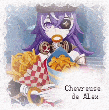 a picture of a girl holding a bag of french fries with the name chevreuse de alex on the bottom