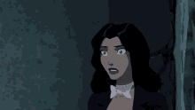 a cartoon woman in a tuxedo and white gloves is making a funny face .