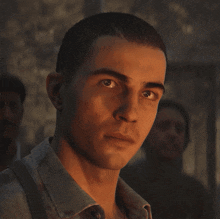a close up of a man 's face with a very serious look on his face