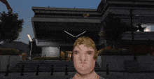 a man with a bloody head is standing in front of a building with a sign on it that says ' ambulance '