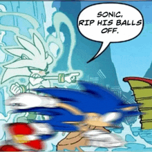 a cartoon of sonic the hedgehog with a speech bubble that says sonic rip his balls off