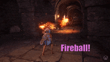 a video game character is holding a sword in front of a fireball
