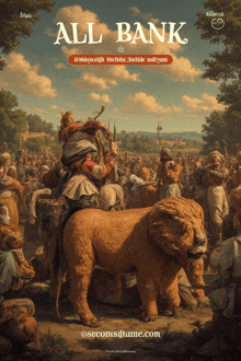 a painting of a man riding a lion with the words all bank above it