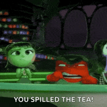 a group of cartoon characters are sitting around a table and one of them is saying `` you spilled the tea ! ''