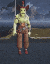 a green monster with a cowboy hat on stands on a tiled floor