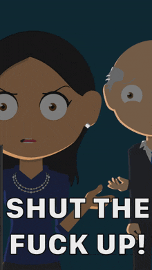 a cartoon of donald trump and a woman with the caption shut the fuck up