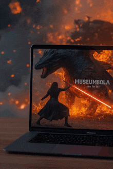 a laptop displays a movie called museumbola