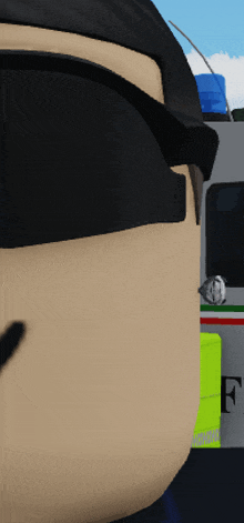 a close up of a cartoon character wearing sunglasses with a police vehicle in the background