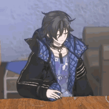 a girl with black hair and a choker is sitting at a table with her eyes closed