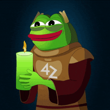 a green frog with the number 42 on his chest holds a green candle