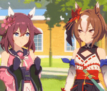 two anime girls are standing next to each other and one has a flower on her head