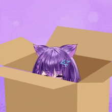 a girl with purple hair and cat ears peeking out of a cardboard box