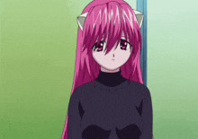a girl with pink hair and white ears is wearing a black turtleneck
