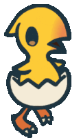 a cartoon drawing of a yellow chick coming out of an egg