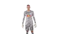 a soccer player wearing a grey jersey with a red bull on the front
