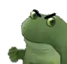 a green frog with an angry look on its face is standing on a white background .
