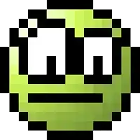 a pixel art illustration of a green smiley face with a sad expression .