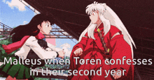 a cartoon of a boy and a girl with the words " malleus when toren confesses in their second year "