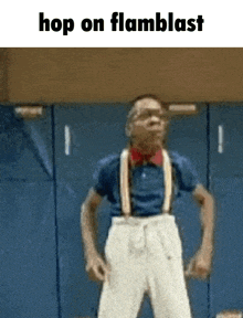 a man with suspenders and a bow tie is dancing with the words hop on flamblast above him
