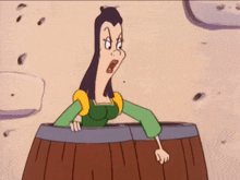 a cartoon woman is sticking her head out of a wooden barrel