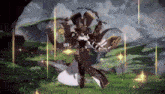 a video game character is standing in a field holding a sword and a book .