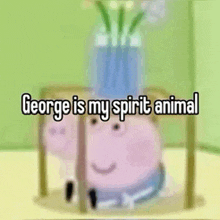 george is my spirit animal from peppa pig is sitting in a cage with flowers in a vase .