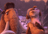 a couple of cartoon characters looking at each other and smiling